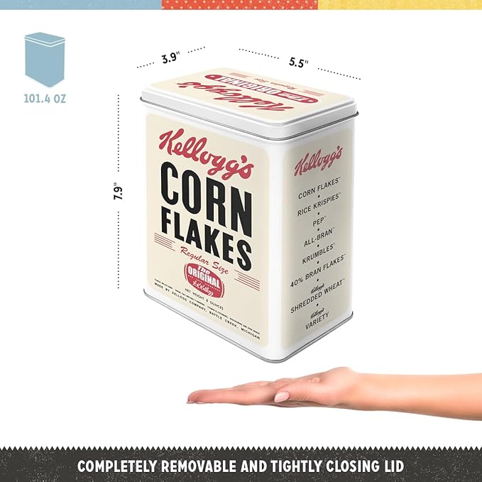 Nostalgic-Art Retro storage tin box L, 101.4 oz, Kellogg's – Corn Flakes Retro Package – Gift idea for the kitchen, Official License Product (OLP), large metal cornflakes can, vintage design