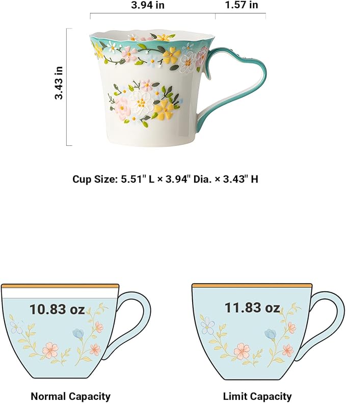 12oz Embossed Floral Ceramic Coffee Mug – Handcrafted Cottagecore Cup with Blue-Green Heart Handle and Wavy Rim, Dishwasher & Microwave Safe, Romantic Gift Mug for Her