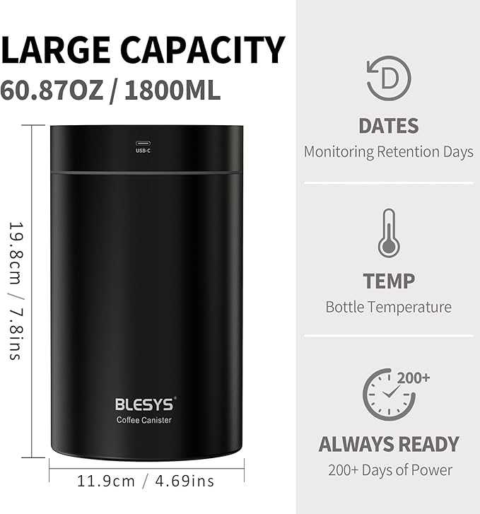 Smart Vacuum Coffee Canister, Automatic Stainless Steel Food Storage Container, LCD Monitoring, One-touch Freshness, Date Tracker, Extra-long Standby Time, Holds 20 oz Coffee Beans (Black, 1.8L)