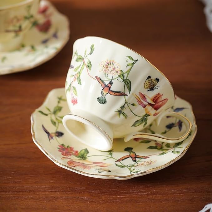 8 oz Vintage flower Ceramic cup and 6" saucer set with Brand customized stainless steel spoon Gifts for Afternoon Tea Coffee Hour (G)