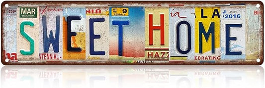 Vintage License Plate SWEET HOME Sign – 16x4 Inch Rustic Tin Wall Décor for Entryway, Living Room, Farmhouse, Kitchen or Cottage by SARAHEVE