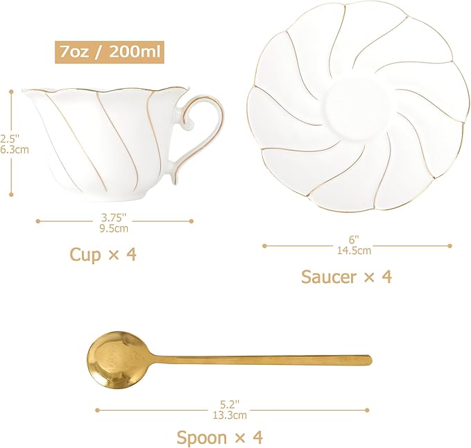 DUJUST Luxury Tea Cups and Saucers with Golden Trim, White Porcelain Tea Set of 4(7oz), British Style Coffee Cup Set, Beautiful Tea Set for Women, Tea Party Set, Gift Package - White