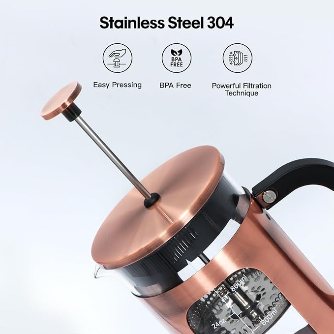 Panana 34 Ounce 1 Liter French Press Coffee Maker, Heat Resistant Borosilicate Glass Coffee Press, Cold Brew Coffee Pot Tea Press for Kitchen, Stainless Steel (Upgraded Stainless Steel Copper)