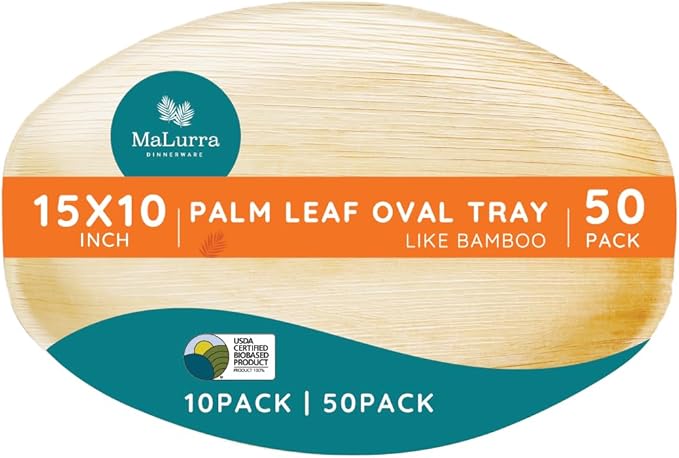 15"x10" Oval Tray - 50 PCs Disposable Serving Palm Platters Like Bamboo Charcuterie Tray | Biodegradable | Disposable | Eco-Friendly, Heavy Duty, Bulk | For Parties, Weddings, BBQs & Catering