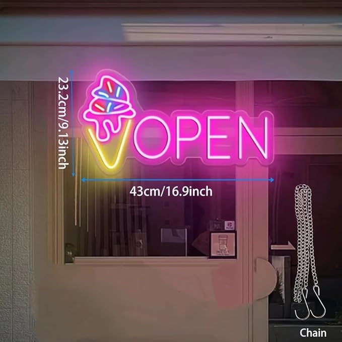 LED Neon Open Sign with Ice Cream Cone Design, USB Powered, Wall Hanging Plastic Neon Light, Switch Controlled, Multipurpose Room Decor, Business Signage for Ice Cream Trucks and Shops