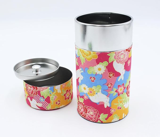 Japanese Pokkan Matcha Coffee Spice Tea Tin Canister Washi Paper Storage with Lid 7.05 oz Capacity (Hana Usagi)