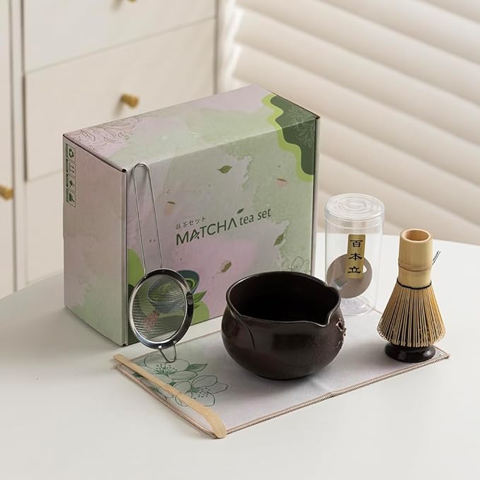 Japanese Matcha Tea Set with Hand-Painted Cherry Blossoms, Ceramic Matcha Bowl, Bamboo Whisk & Scoop – Traditional Tea Ceremony Kit, Gift Box Included