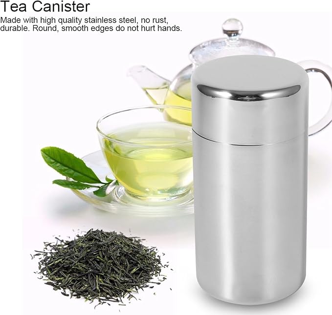 Tea Canister, Double Seal Tea Tins for Loose Tea, Stainless Steel Tea Tin Canister, Round Tea Storage Containers with Airtight Double Lids for Coffee Sugar, 5.9 x 3.0in (L)