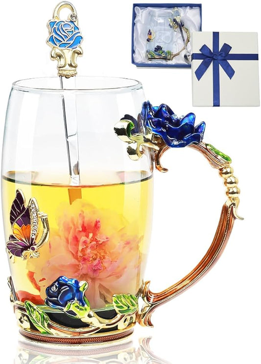 Flower Tea Cup ,Butterfly Rose Clear Glass Fancy Coffee Mug with Spoon,Gift Box for Her Mom Wife Grandma Girls Friends Valentines Christmas Birthday Present Idea for Juice,Hot And Cold Drinks Use