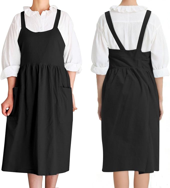 Cotton Linen Cross Back pinafore Apron Dress for Women with Pockets for Cooking Cleaning - Crossback Apron - Black - without Waist Ties - Image 2