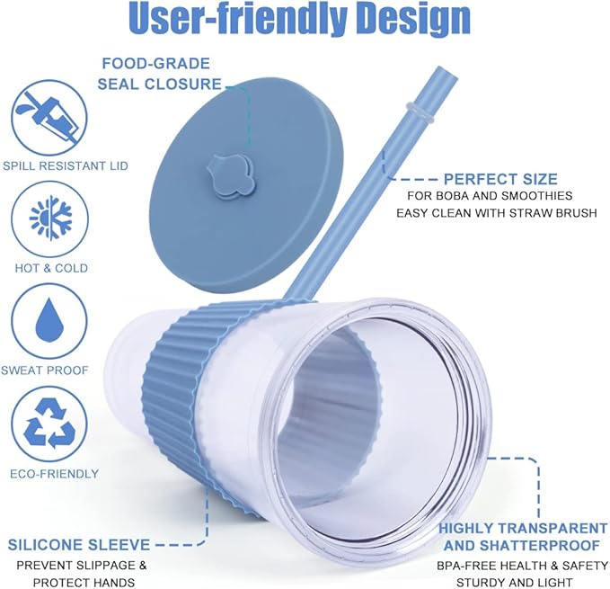 2 Pack Reusable Boba Tea Cups, 24oz Iced Coffee Cup with Straw and Lid, Leakproof Clear Plastic Cups Tumbler, Double Wall Insulated Smoothie Tumbler, Wide Straw for Bubble Tea, Pink and Blue