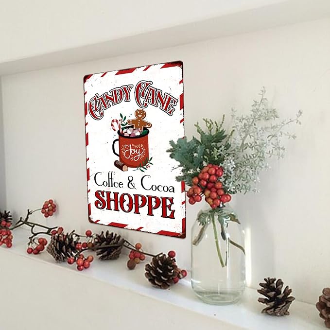 Candy Cane Coffee And Cocoa Shoppe Metal Tin Sign Farmhouse Christmas Decorations Vintage Retro Poster For Coffee Bar Home Cafe Wall Decor Art Winter Decoration Hanging Plaque 8 X 12 Inch - Image 6