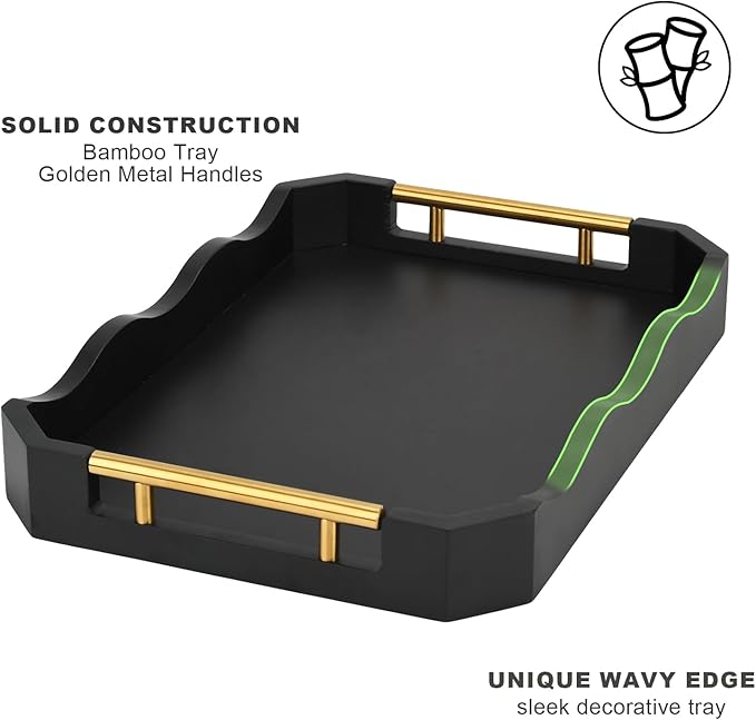 2 Pack Bamboo Trays with Handles - Decorative Stackable Ottoman & Serving Trays for Coffee Table, Breakfast in Bed, Couch Snacking, Home Decor (Black)