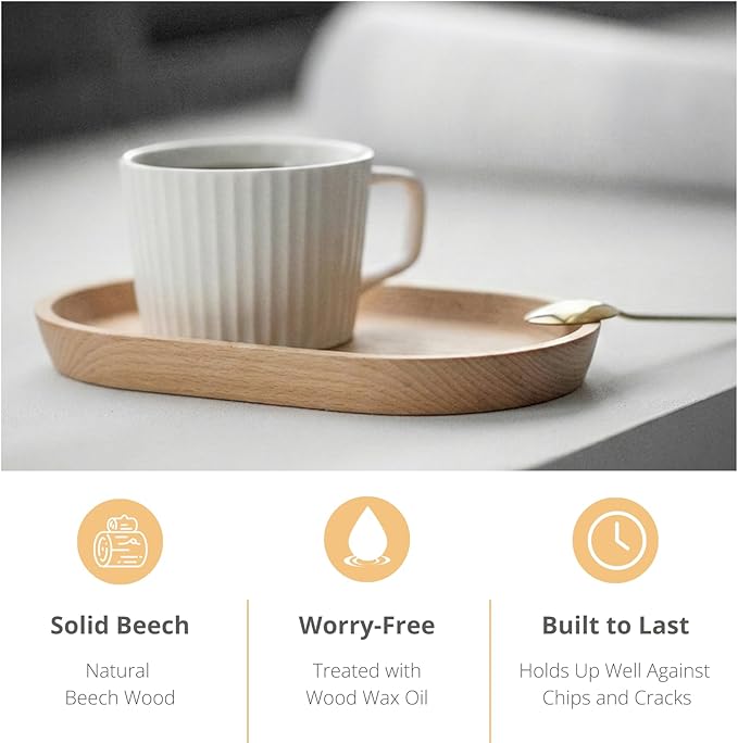 Wooden Mini Serving Tray for Parties, Tea & Coffee Table, Small Oval Wood Plate for Fruit & Snacks, Decorative Tray for Jewellery, Keys & Coins, Tray for Bathroom (Beech Wood, 7.8'4.66')