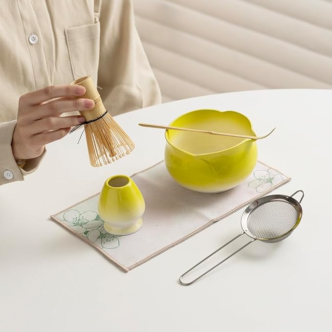 Japanese Matcha Tea Set,Elegant Yellow Ceramic Matcha Bowl with Soft Glaze, Bamboo Whisk & Scoop, Complete Tea Ceremony Kit with Gift Box