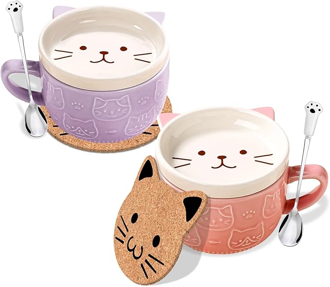 2PCS Cute Kawaii Cat Tea Cup Ceramic Coffee Mug with lid, Tea Cups and Saucers for Dessert, Cute Gifts for Cat Lovers, Anime Fans, Christmas for Women 10oz (Pink + Purple)