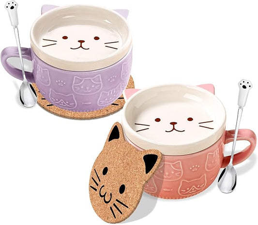 2PCS Cute Kawaii Cat Tea Cup Ceramic Coffee Mug with lid, Tea Cups and Saucers for Dessert, Cute Gifts for Cat Lovers, Anime Fans, Christmas for Women 10oz (Pink + Purple)