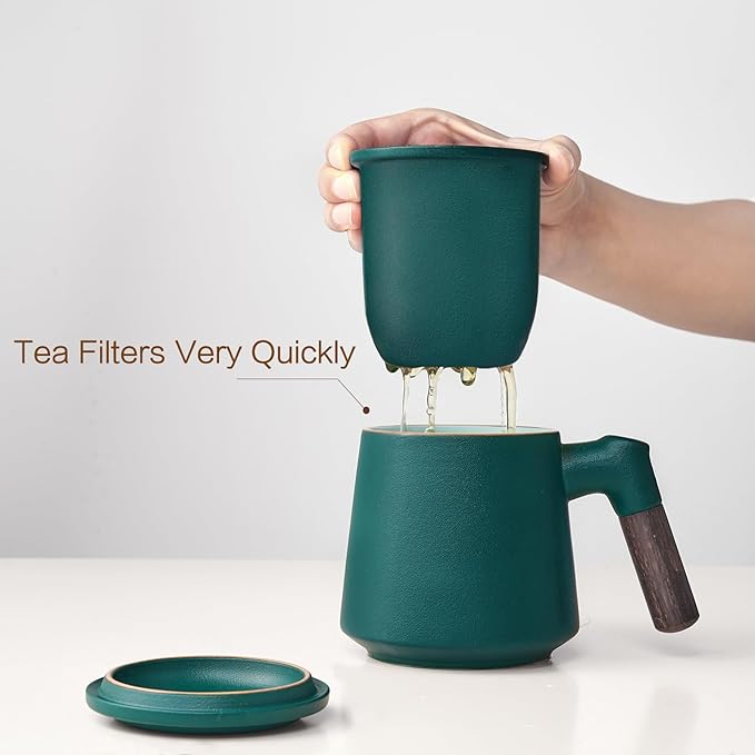 ZENS Tea Cup with Infuser and Lid, 11 oz Ceramic Steeper Mug for Loose Leaf Tea Lovers Gifts, Wood Handle Tea Strainers Green