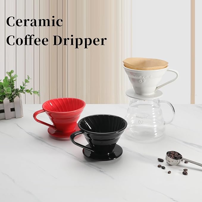 Mongdio Ceramic Pour Over Coffee Dripper, Reusable Porcelain Portable Pour Over Coffee Maker, Slow Brewing Accessories with 1 Holes for Home - Size 01 Black