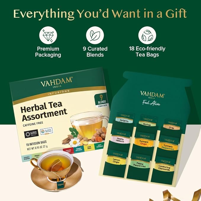 VAHDAM, Assorted Herbal Tea Sampler (18 Tea Bags, 9 Flavors) Caffeine-Free, Non-GMO | Double Infusion, Individually Enveloped Tea Bags | Herbal Tea Assortment