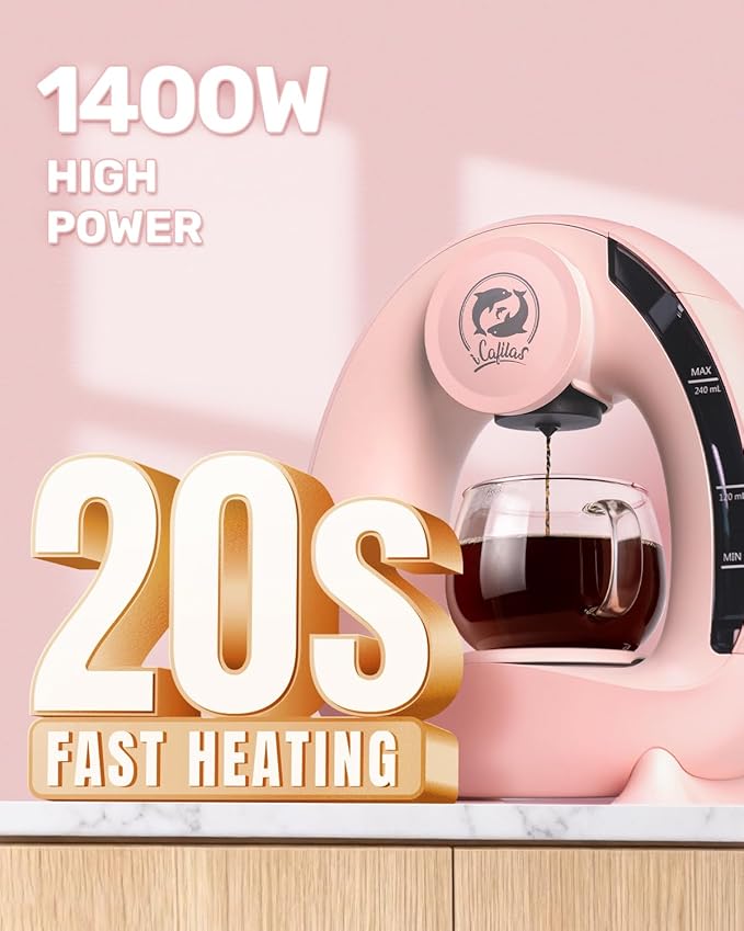 2-in-1 Coffee Maker, Fast Brew in 1.5mins, Single Serve Coffee Machine Compatible with K-Cup Pods & Ground Coffee, 1400W with 20s Preheat, Compact for Home,Small Place,Office & RV, 8oz,Pink