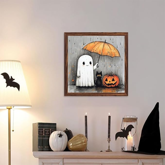 Whimsical Halloween Decorative Sign Black Cat, Ghosts & Pumpkin Wooden Sign, With Frame Sign for Home Office, Cafe, Bedroom Halloween Decor 7.87x7.87 Inch - Image 5