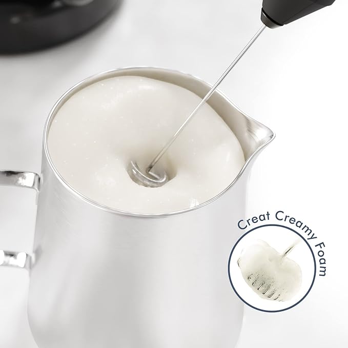 Powerful Milk Frother Handheld Foam Maker, Mini Whisk Drink Mixer for Coffee, Cappuccino, Latte, Matcha, Hot Chocolate, With Stand, Black