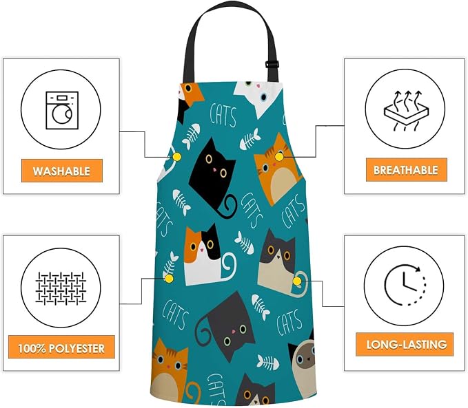 Cute Cats with Fish Bone Kitchen Apron for Women Men, Adjustable Apron Chef Bakers Apron Cooking Apron Cooking Baking Gardening - Image 4