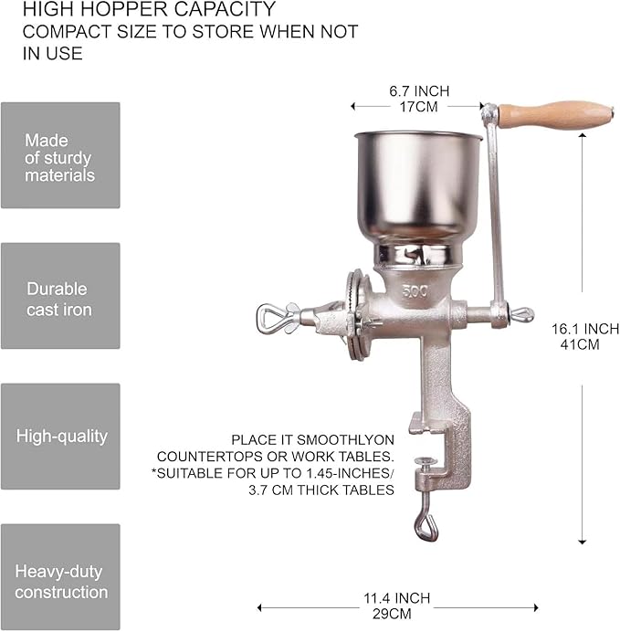 High Hopper Manual Coffee Grinder, Hand Crank Mill for Grains, Corn, Wheat & Spices - Adjustable Coarseness Settings, Cast Iron Construction, Large Capacity, Easy to Clean(XL)