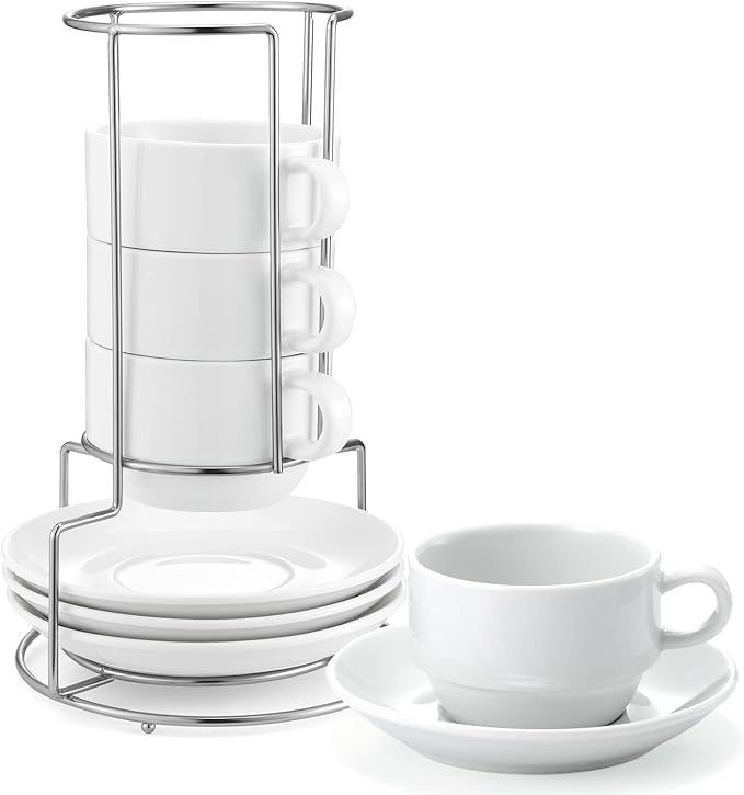 Yedio 8 oz Porcelain Cappuccino Cups with Saucers and Metal Stand, Stackable Coffee Cups for Latte, Americano, Tea – Set of 4, White