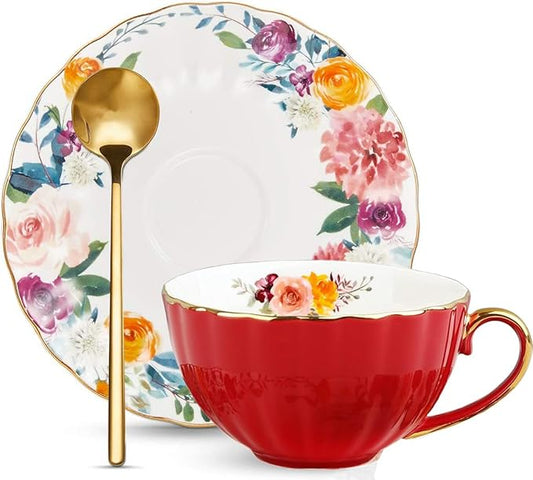 ONEUSTAR Tea Cup and Saucer Set for 1 Bone China Floral Teacup with Spoon 8 oz Coffee Cup Cappuccino Latte Mug for Women Birthday Christmas Gift, Red