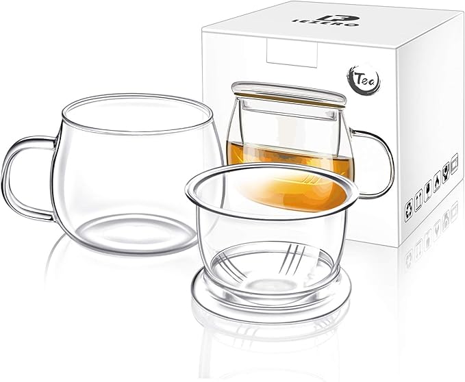 Lezero 13oz Tea Infuser Cups Kits, Glass Mugs with Filter Basket and Lid for Loose leaf-Tea Brewing, Heat Resistant, Lead-free, Microwave & Dishwasher Safe