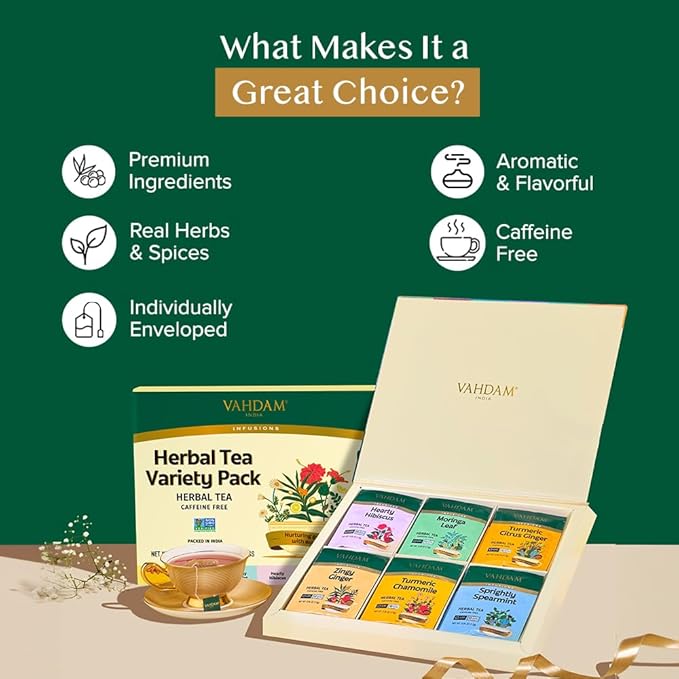 VAHDAM, Assorted Herbal Tea Gift Set (36 Tea Bags, 6 Flavors) Caffeine-Free, Non-GMO | Double Infusion, Individually Enveloped Tea Bags | Herbal Tea variety Pack | Tea Gifts for Women & Men