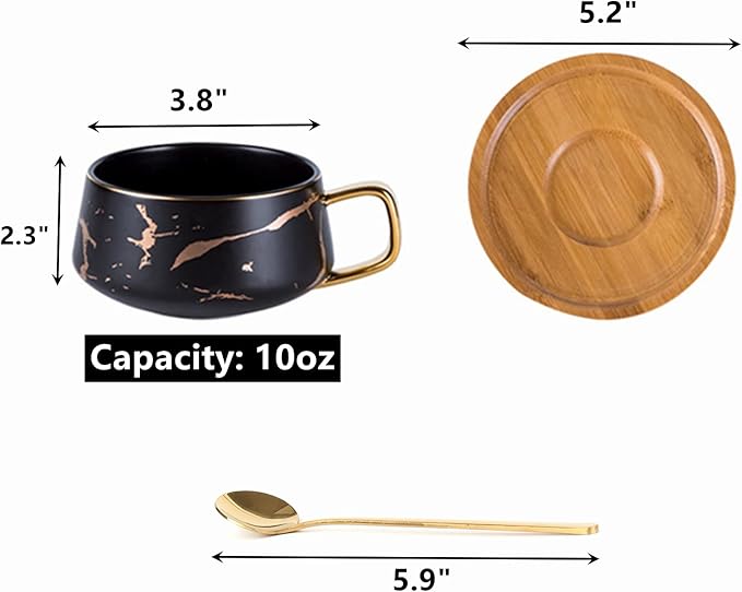 Peohud 2 Pack Ceramic Tea Coffee Cup, 10 OZ Coffee Mug with 304 Stainless Steel Spoon and Bamboo Saucer, Marble Espresso Cups for Latte, Cappuccino, Americano, White and Black