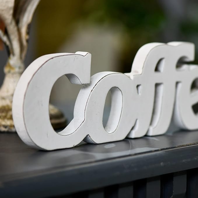 Rustic Distressed White Coffee Sign for Tabletop for 14", Wall Hanging Farmhouse Signs for Coffee Station, Wood Signs for Home Decor Kitchen Shelf Christmas