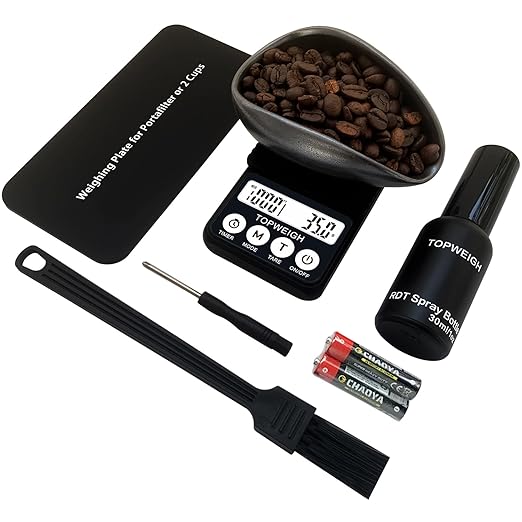 Waterproof Espresso Scale with Timer, 1000g x 0.1g, Portafilter Weighing Plate, Coffee Bean Dosing Cup, Spray Bottle, RDT Tool Set, Barista Cleaning Brushes & Batteries Included