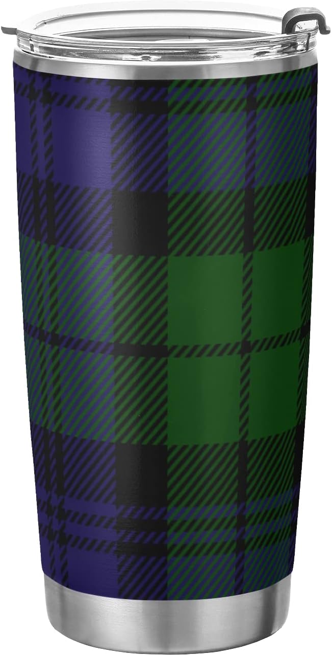 Tumbler Tartan Plaid Green Blue Insulated Coffee Cup Beverage Container Travel Mug with Straw and Lid Double Wall Stainless Steel 20oz BPA-Free for Sport, Back to School