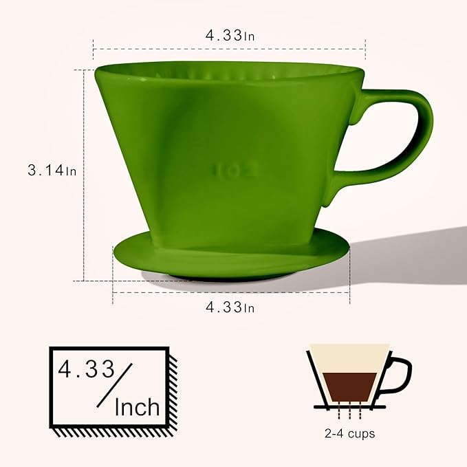 Handmade Pour Over Ceramic Coffee Dripper - Authentic Brewing Experience for Camping, Office, and Home (Dark green)