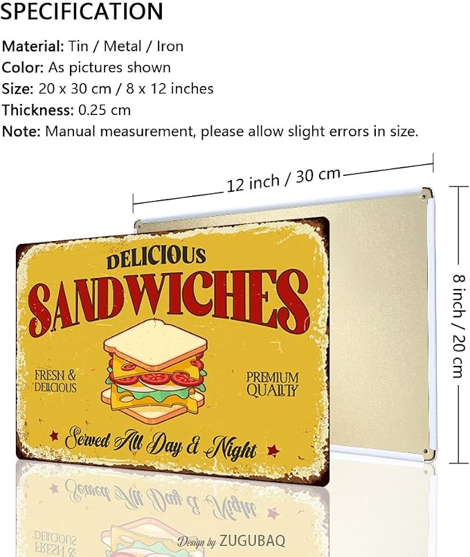 Sandwiches Tin Signs Vintage Metal Sign Funny Food Art Printing Poster Wall Decor for Home Kitchen Bar Restaurant Cafe Pub Indoor Outdoor 12x8 Inch Hanging Plaque - Image 2