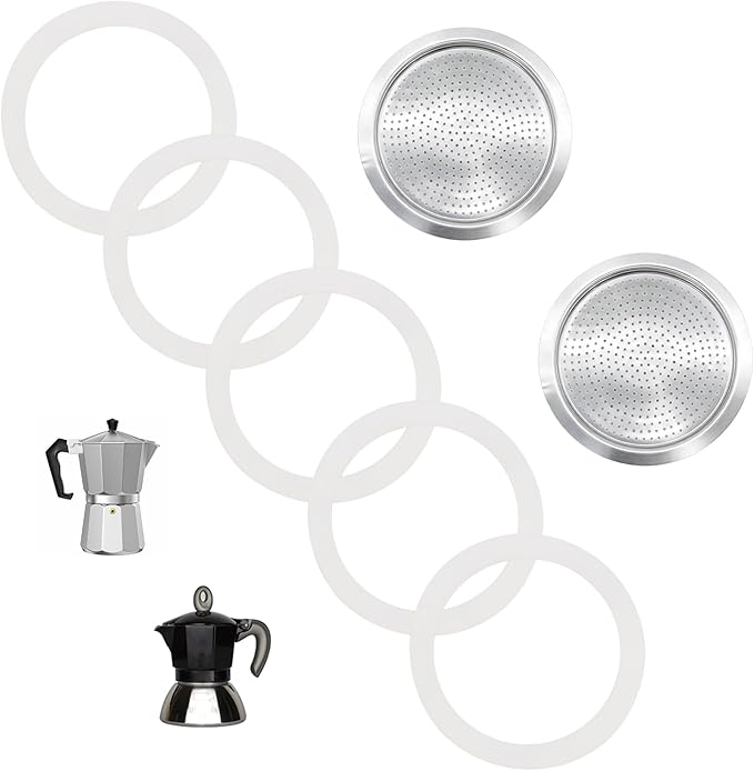 6 Cups Moka Pot Coffee Gasket Replace for Bia-letti Moka Aluminium Stovetop Espresso Coffee Maker Pots, 2 Stainless Filter and 5 Gaskets