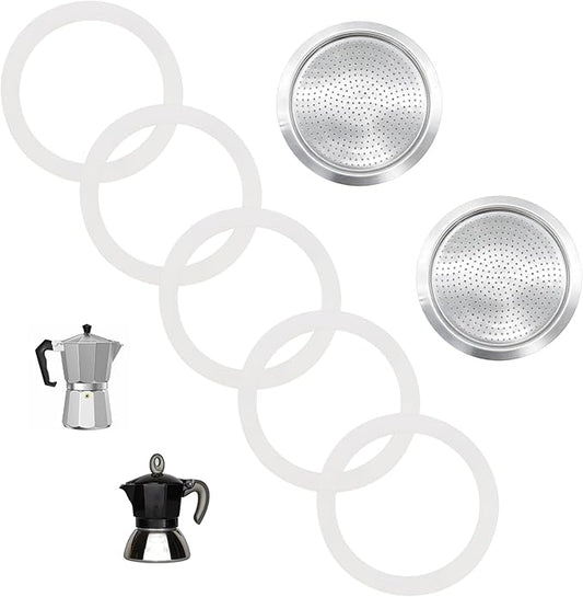6 Cups Moka Pot Coffee Gasket Replace for Bia-letti Moka Aluminium Stovetop Espresso Coffee Maker Pots, 2 Stainless Filter and 5 Gaskets