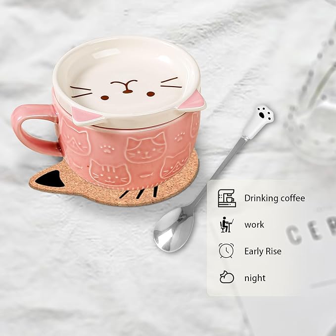 BigNoseDeer Cute Cat Mug Kawaii Tea Cup Pink Ceramic Coffee Mug with lid, Tea Cups and Saucers Preppy Stuff Cute Gifts for Women Cat Lovers Christmas Gifts 10oz