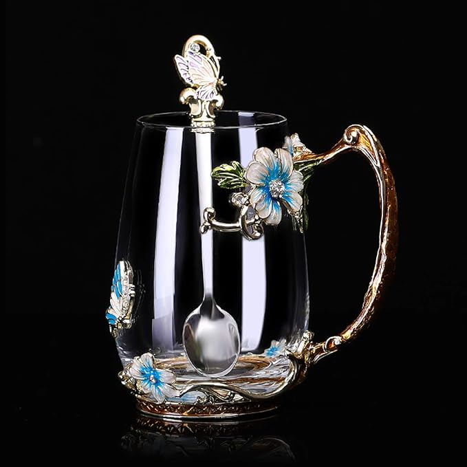 Luka Tech Enamel Butterfly flower Glass Mug with Spoon, Gifts For Women Wife Mom Friends Birthday Mothers Valentines Day Christmas (Blue-Tal)