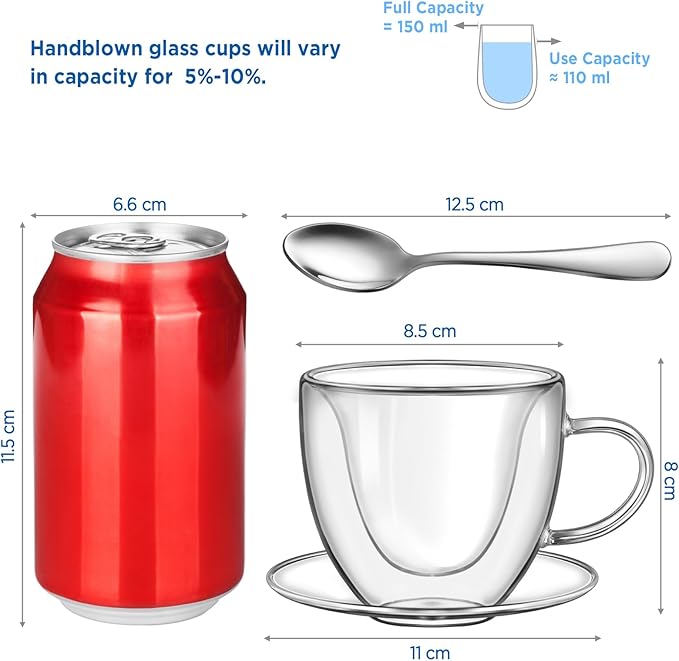 glastal Espresso Cup 5oz Double Walled Glass Coffee Mugs Tea Cups with Handle Saucer Set of 2 Heart Shaped Milk Juice Cups Drinking Glasses Birthday Wedding Valentines Gifts for Couples Parents Wife