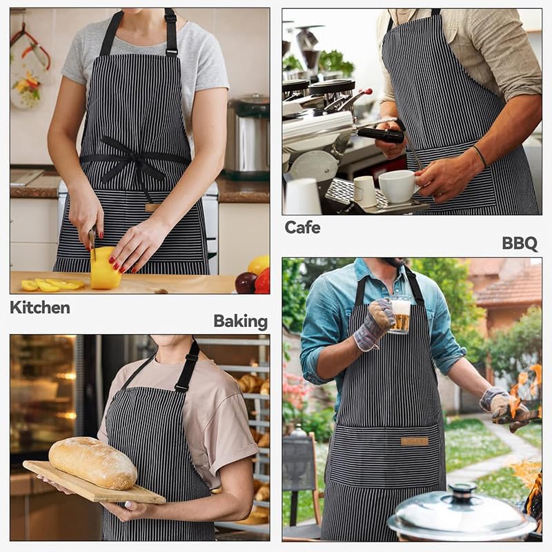 Chef Apron Bib Apron with 2 Large Pockets Adjustable Neck Strap Kitchen Apron Cooking Apron Stripes Baking Apron - Image 7