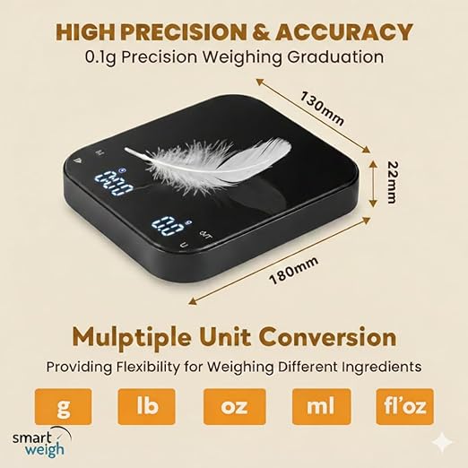Smart Weigh Coffee Scale with Timer, Precision Espresso & Tea Digital Scale, Espresso Machine Accessories for Pour-Over Coffee, Travel Food Scale, LED Display, Rechargeable USB-C - 3kg/0.1g