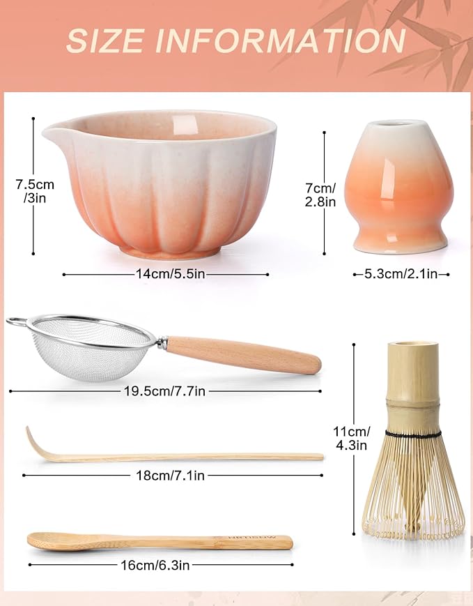 Matcha Whisk Set, 7 Pcs, Matcha Kit Includes Matcha Bowl, Matcha Whisk and Holder, Bamboo Scoop, Spoon, Sifter and Tea Towel, Matcha Set, Gift for Matcha Lovers & Beginners (Gradient Orange)