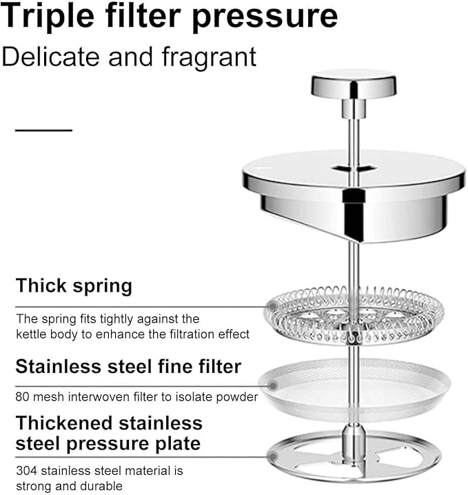 Enfmay 1000ml French Press Coffee Maker, 304 Stainless Steel Double Wall Insulated Coffee Maker Pot, Triple Filtration System for Optimal Brew, Coffee Tea Maker for Home, Office, Camping