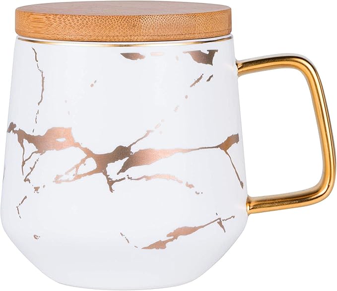 YBK Tech Porcelain Tea Cup Coffee Mug Set for Afternoon Tea - Marble Pattern (White, Tall 400ml + wood lid)