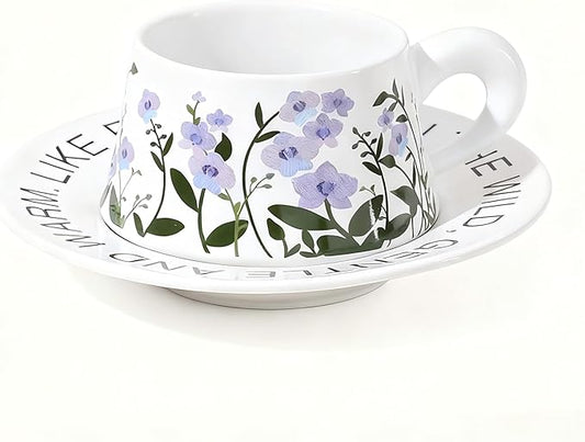Cute Ceramic Coffee Mug and Saucer Set for Women, Spring Floral Embossed Design, 9.5oz/280ml, Perfect for Home, Office & Holiday Gifts (White Purple Orchid)